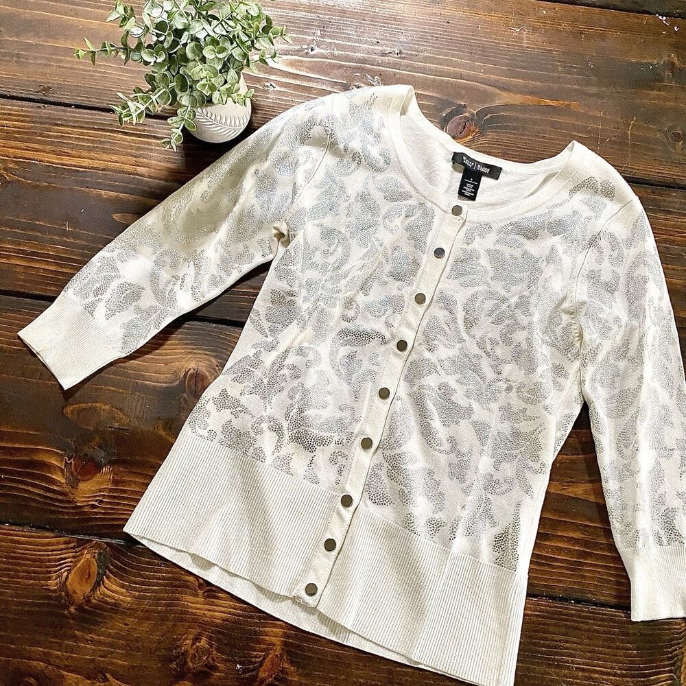 White House Black Market Silver White Foil Cardigan Women’s Size Small New